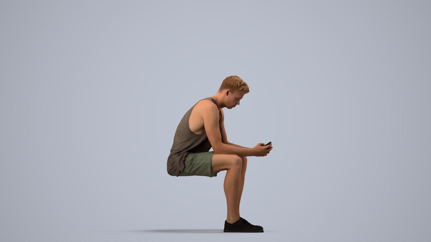 3D people model man casual sitting, scanned human for 3ds Max rendering, side view render