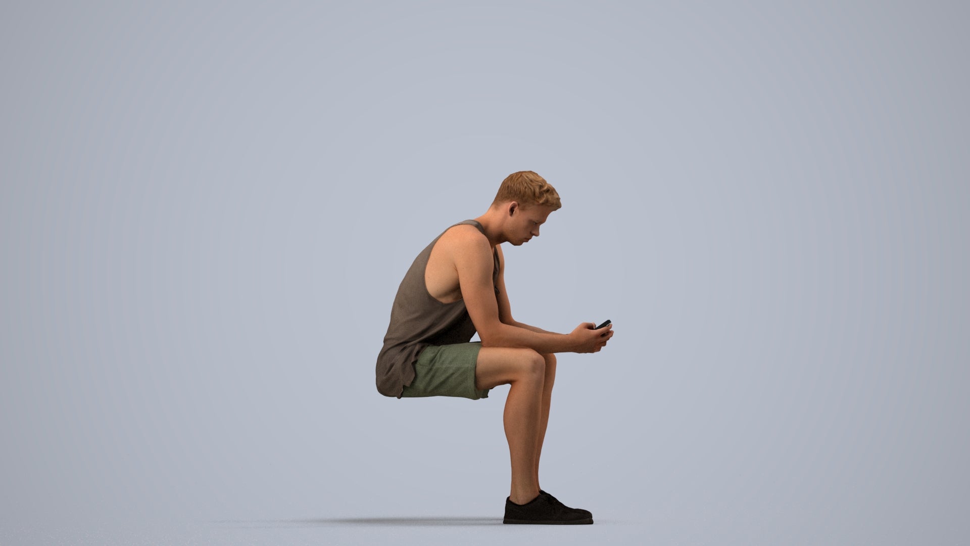 3D people model man casual sitting, scanned human for 3ds Max rendering, side view render