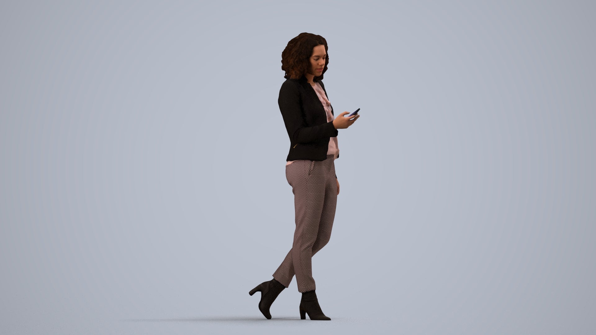 realistic 3D woman business walking, scanned archviz people for Blender and 3ds Max, side view render