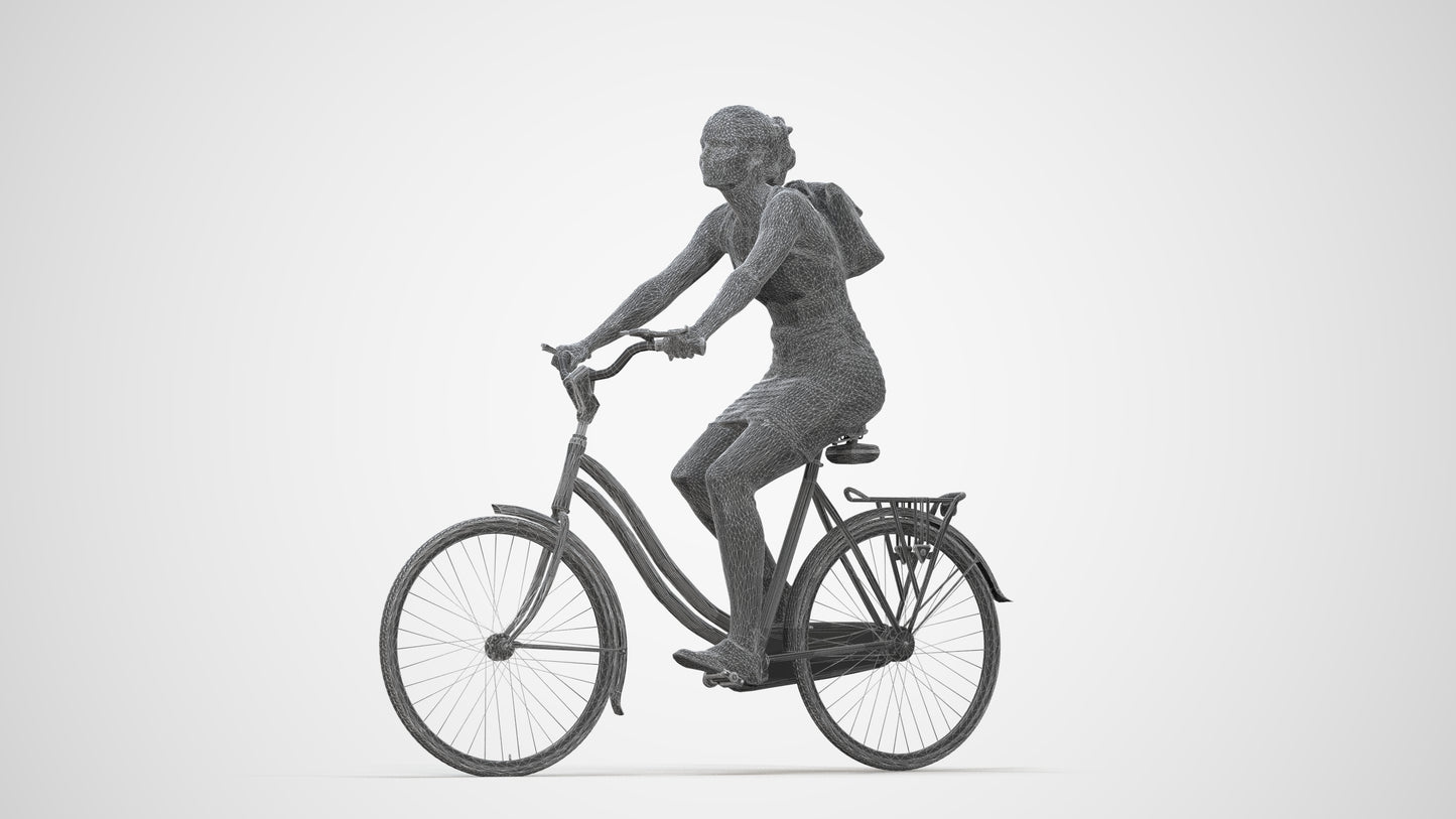 3D scanned girl cycling casual, photorealistic archviz people for Enscape and SketchUp, wireframe back view