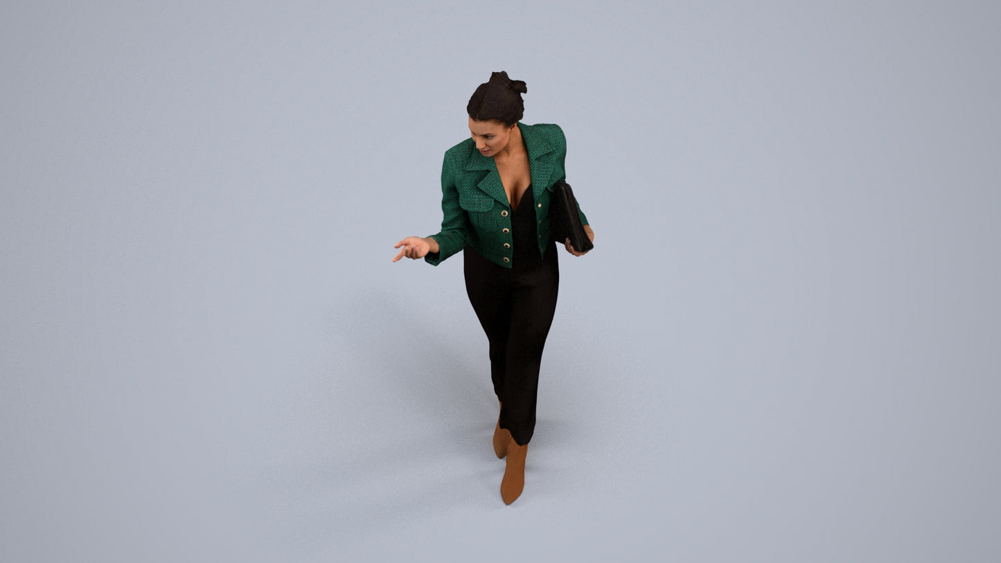3D human model woman business standing, photogrammetry scanned person for archviz, back view render