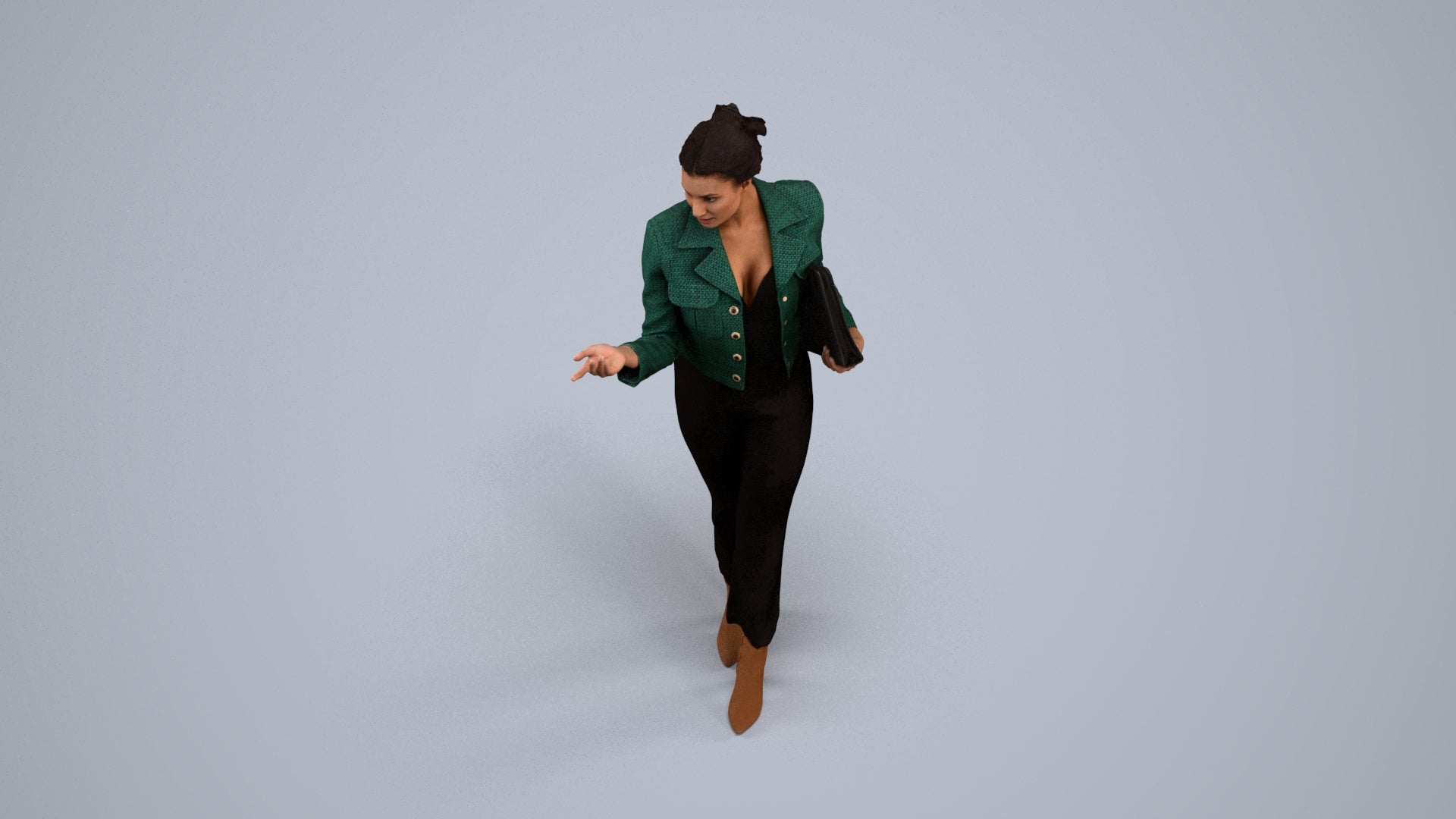 3D human model woman business standing, photogrammetry scanned person for archviz, back view render