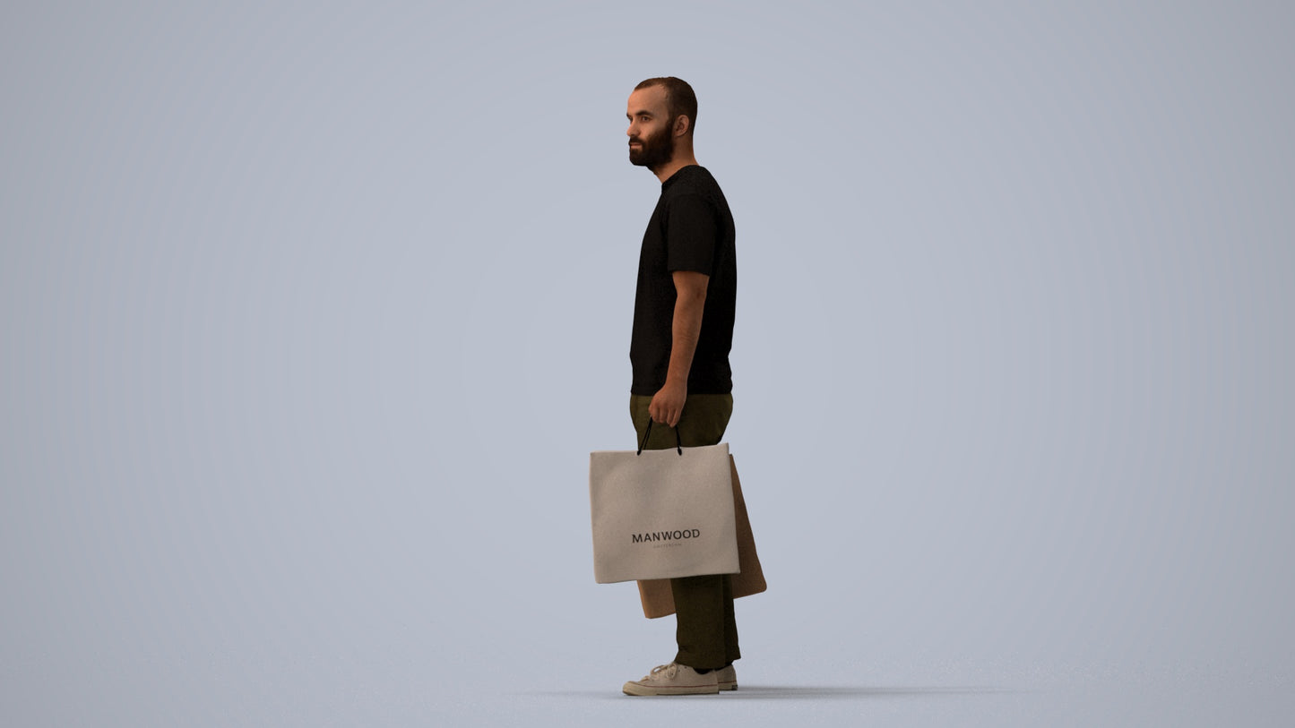 3D people model man casual shopping, scanned human for 3ds Max rendering, three-quarter view render