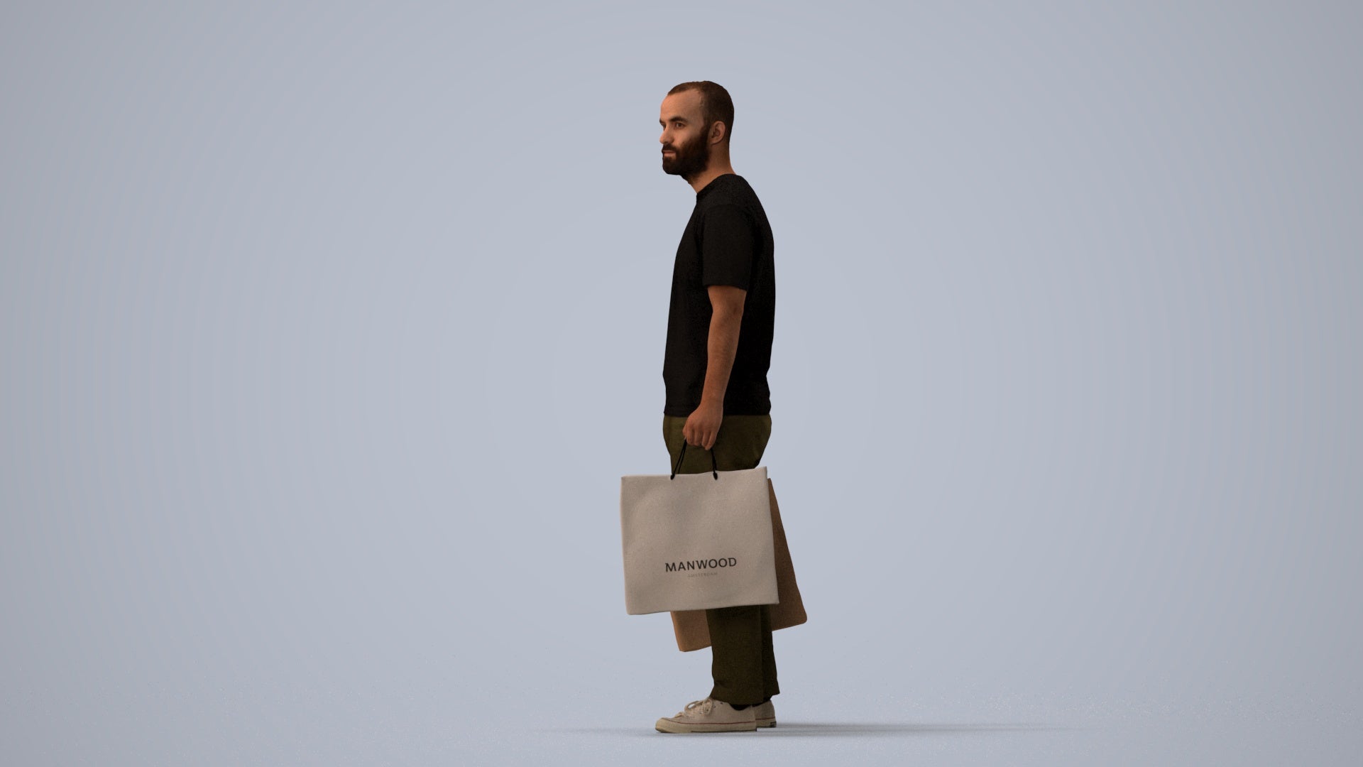 3D people model man casual shopping, scanned human for 3ds Max rendering, three-quarter view render