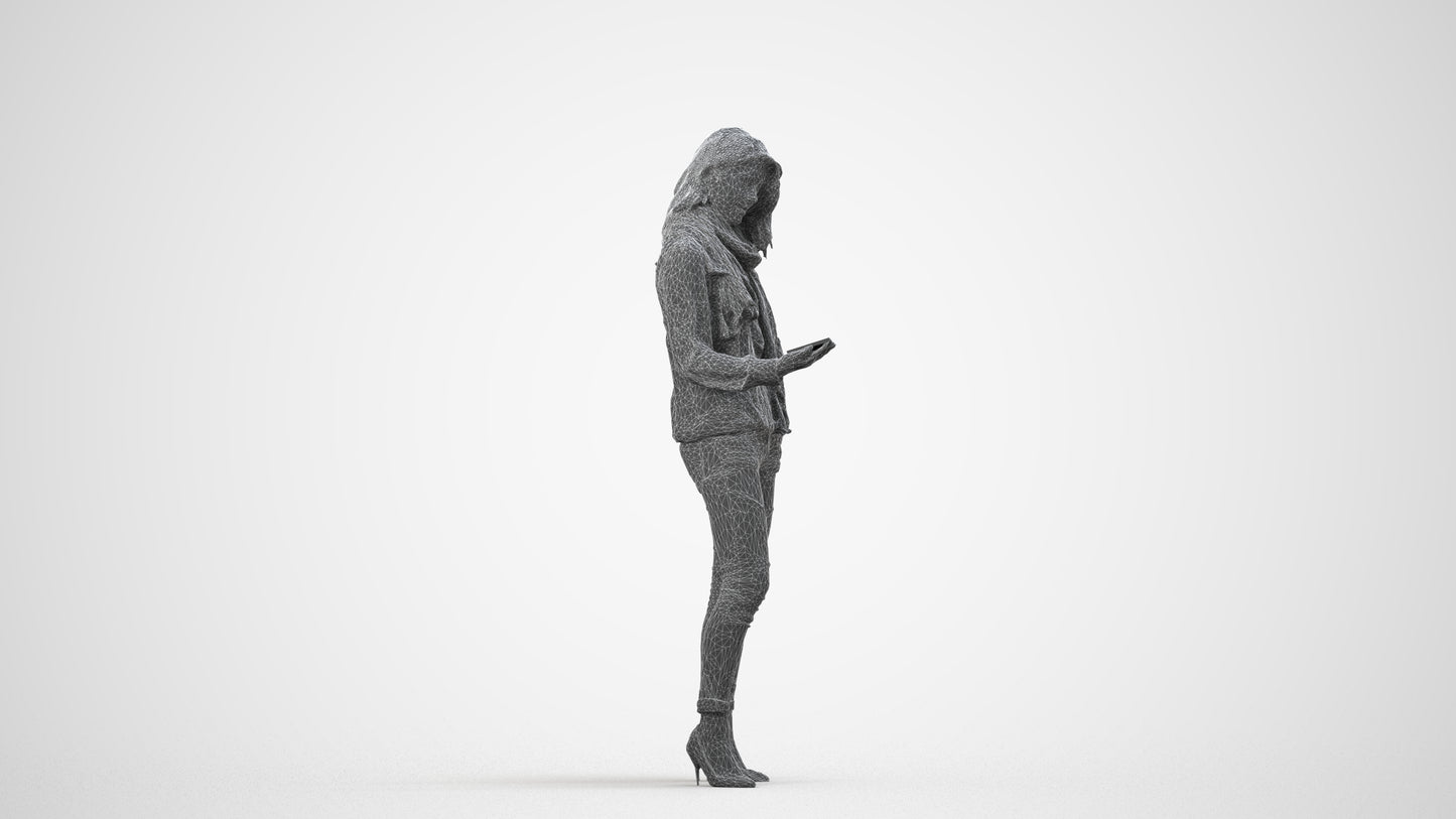 3D scanned woman standing casual, photorealistic archviz people for Enscape and SketchUp, wireframe side view