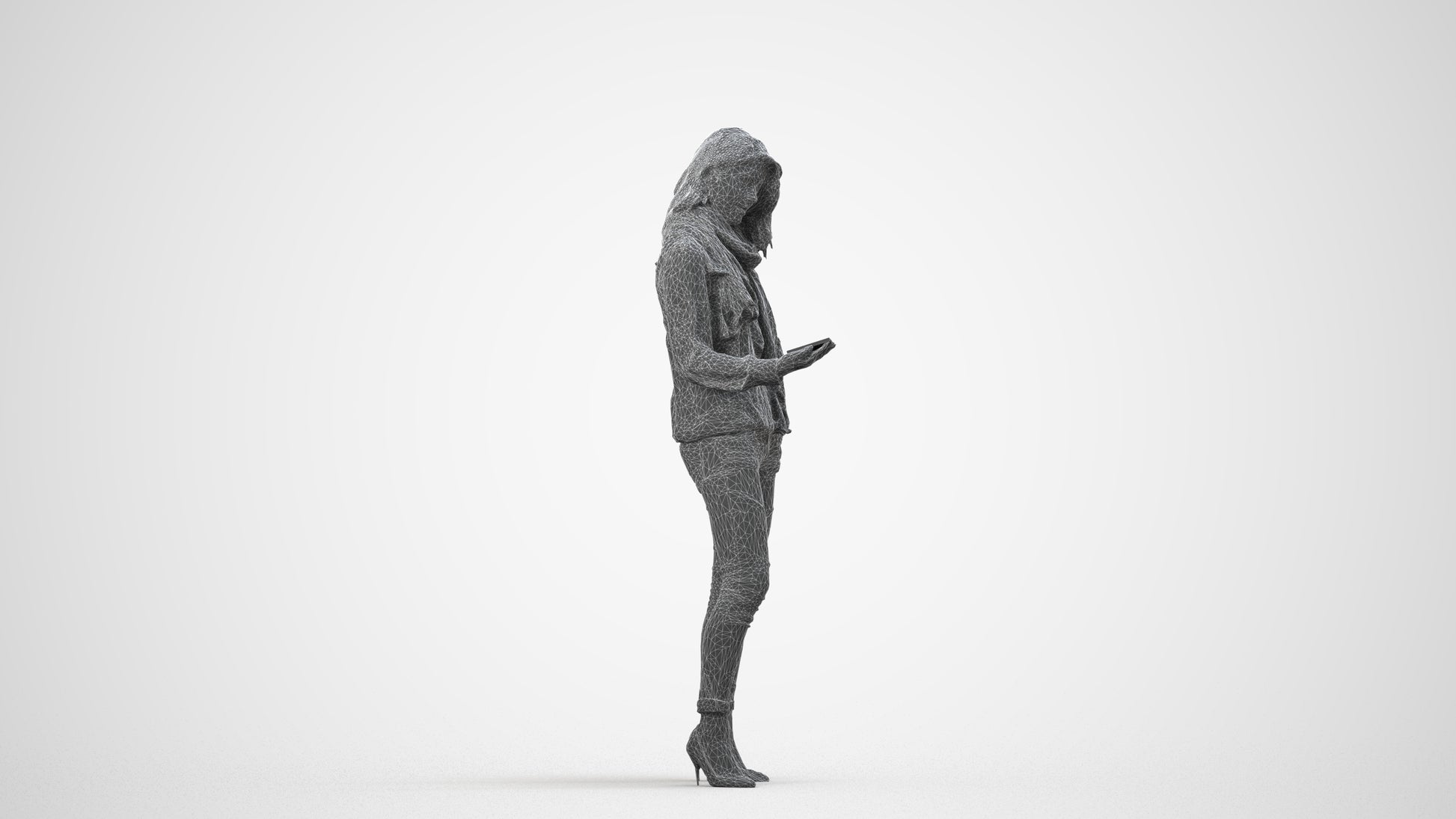 3D scanned woman standing casual, photorealistic archviz people for Enscape and SketchUp, wireframe side view