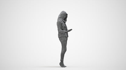 3D scanned woman standing casual, photorealistic archviz people for Enscape and SketchUp, wireframe side view