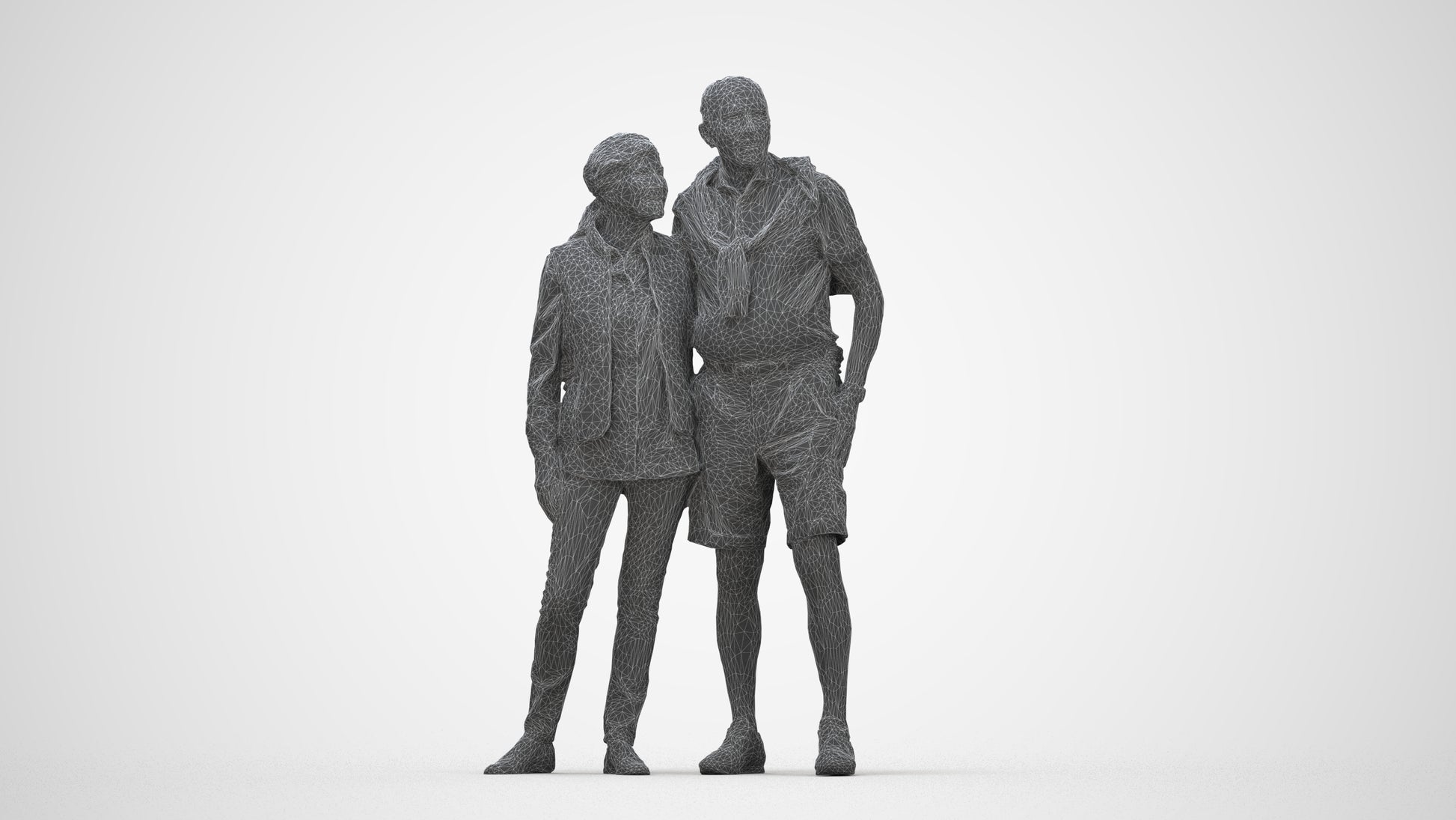 3D scanned senior woman couple casual, photorealistic archviz people for Enscape and SketchUp, wireframe back view
