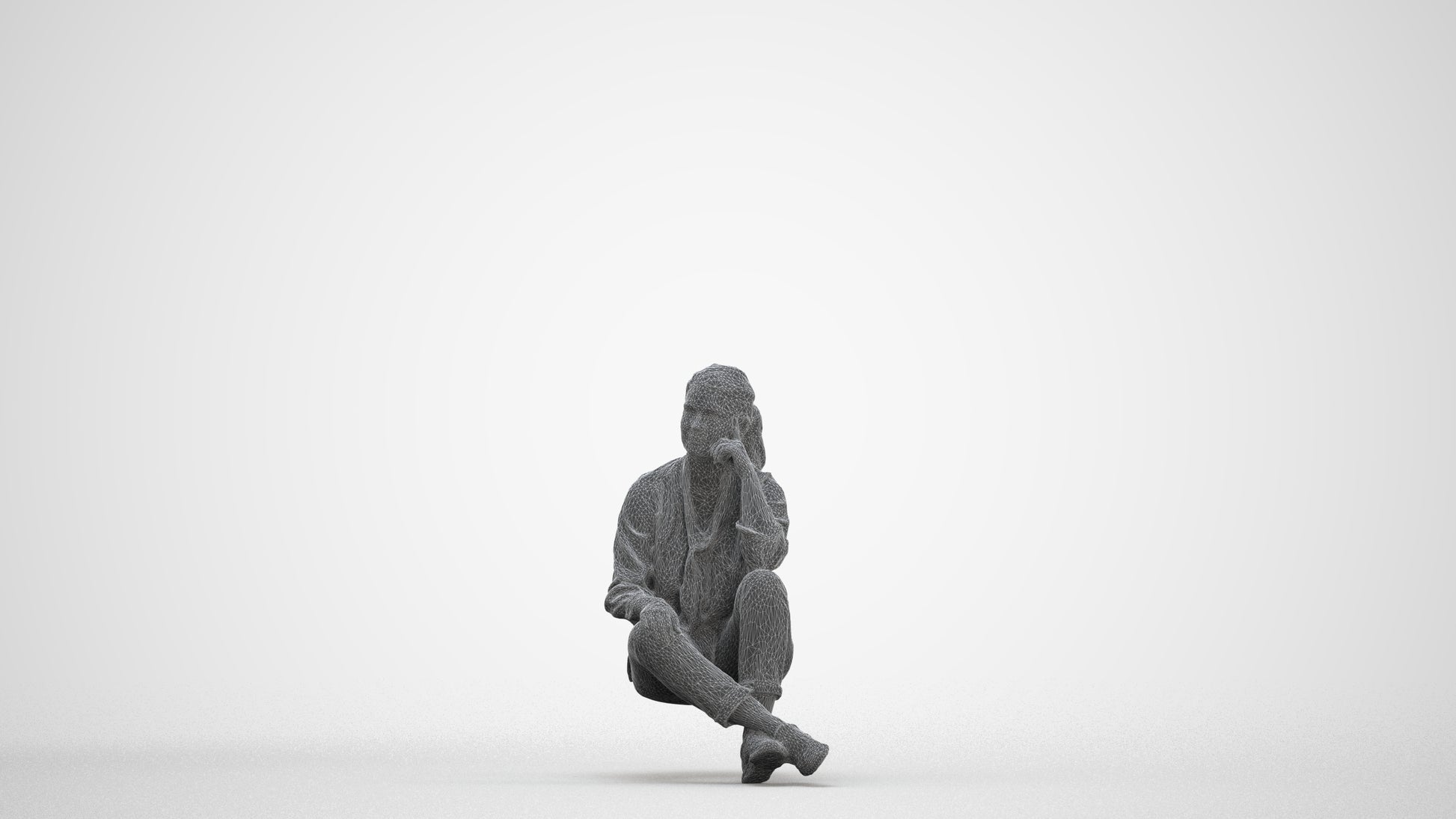 3D human model woman casual sitting, photogrammetry scanned person for archviz, three-quarter front view render