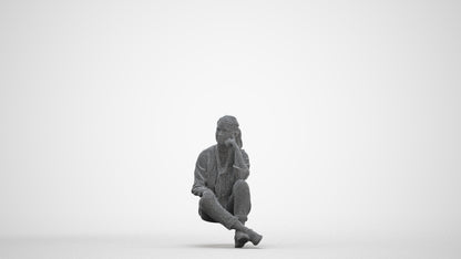 3D human model woman casual sitting, photogrammetry scanned person for archviz, three-quarter front view render