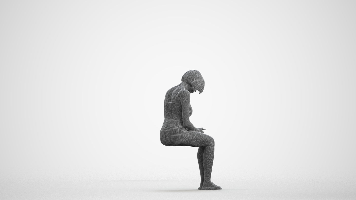 realistic 3D woman casual sitting, scanned archviz people for Blender and 3ds Max, wireframe front view
