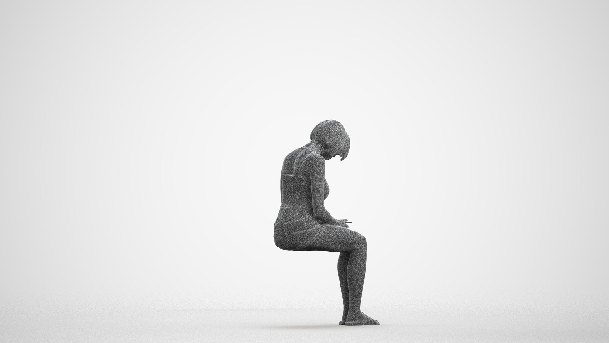 realistic 3D woman casual sitting, scanned archviz people for Blender and 3ds Max, wireframe front view