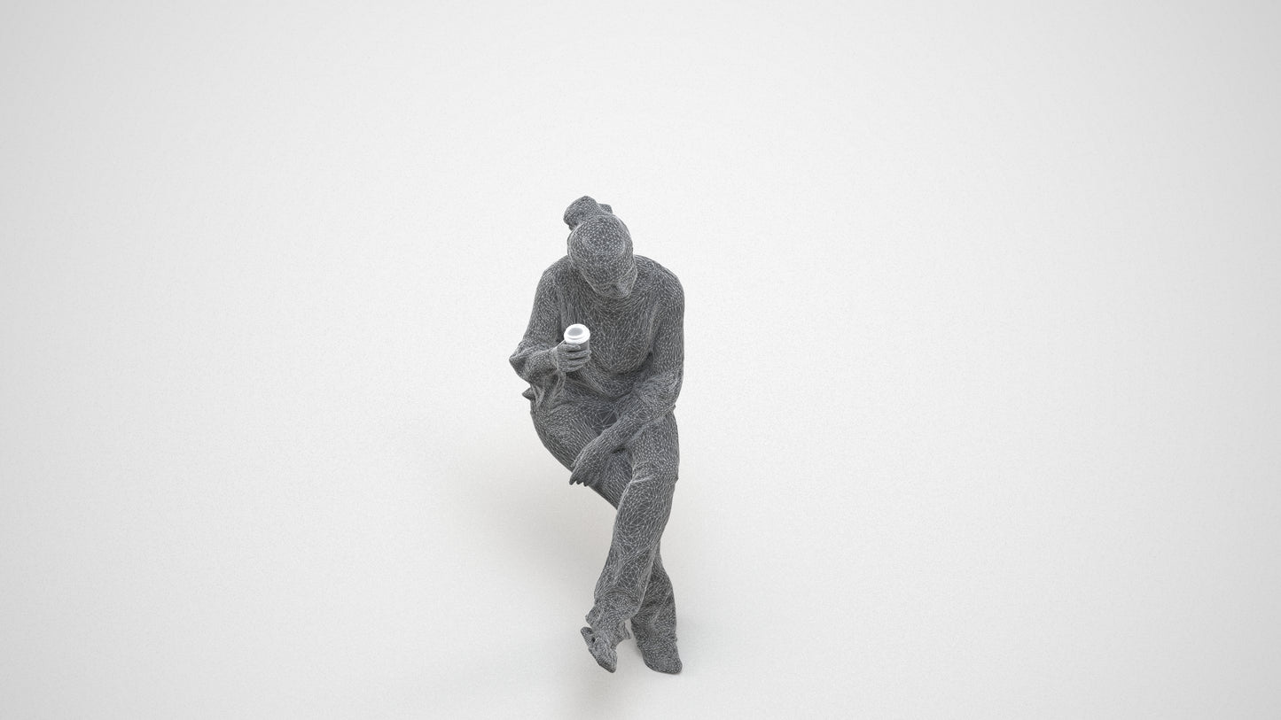 realistic 3D woman casual sitting, scanned archviz people for Blender and 3ds Max, wireframe three-quarter view