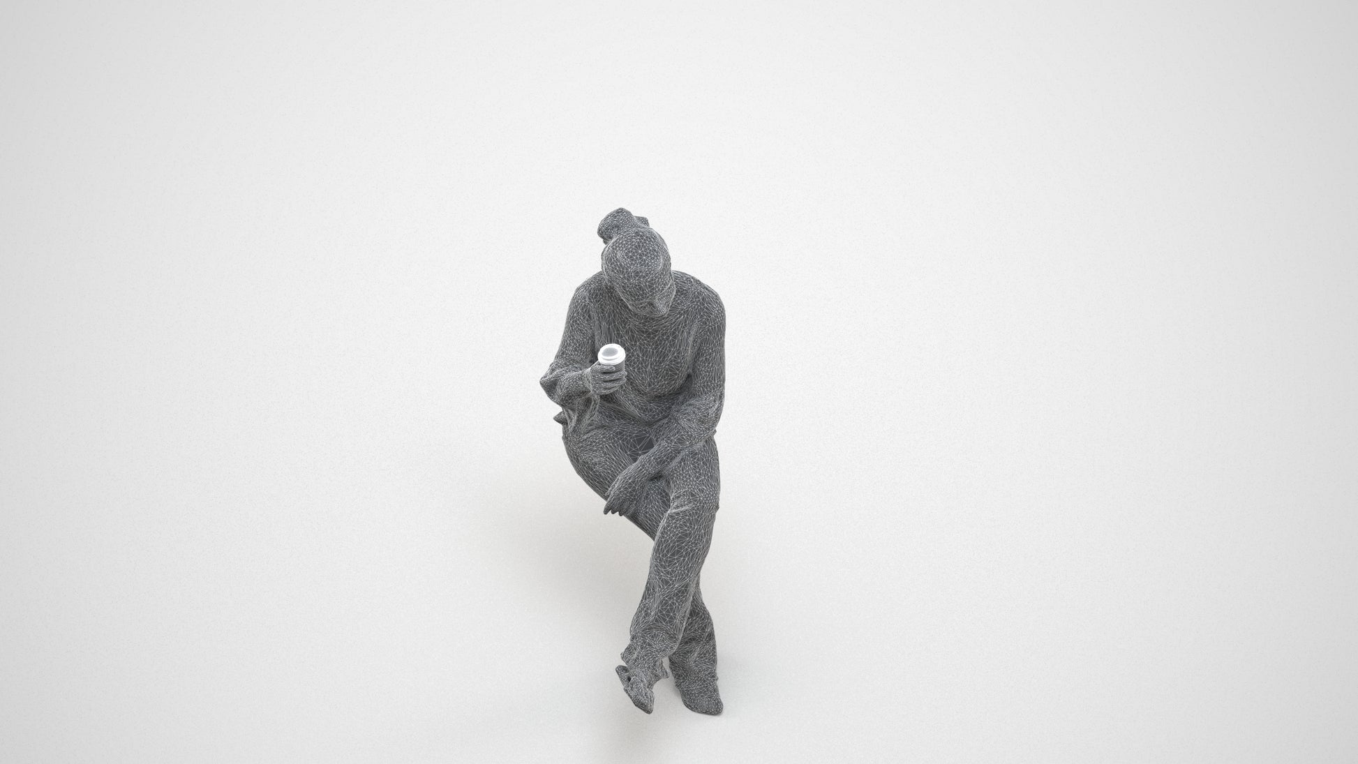 realistic 3D woman casual sitting, scanned archviz people for Blender and 3ds Max, wireframe three-quarter view