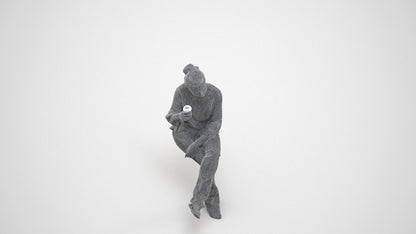 realistic 3D woman casual sitting, scanned archviz people for Blender and 3ds Max, wireframe three-quarter view
