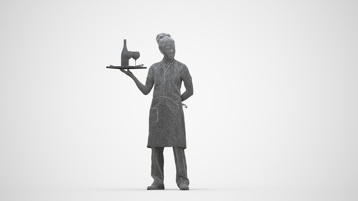 realistic 3D human woman hospitality, archviz people FBX OBJ for Blender, wireframe back view