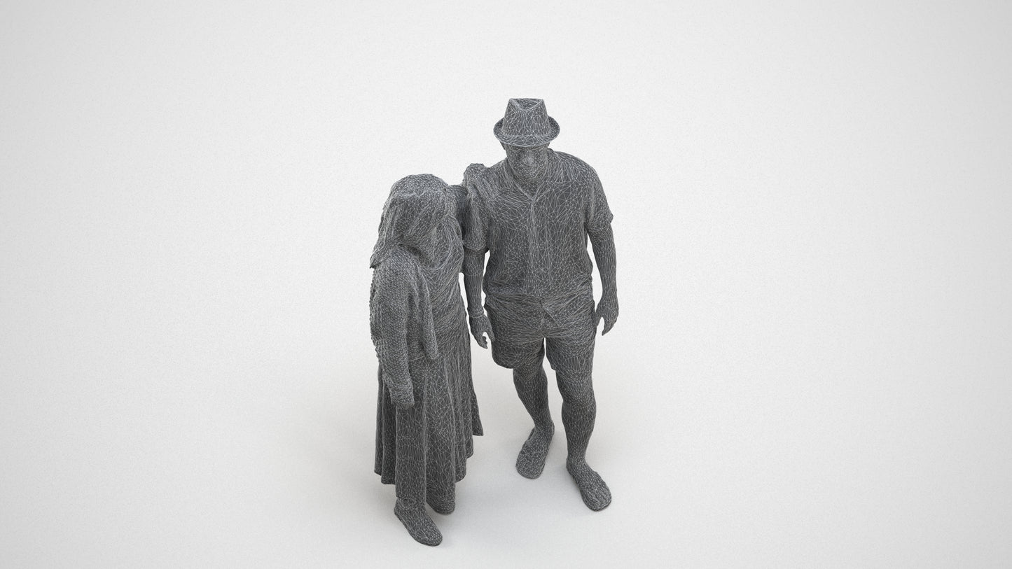 3D human model woman standing, photogrammetry scanned person for archviz, wireframe three-quarter view