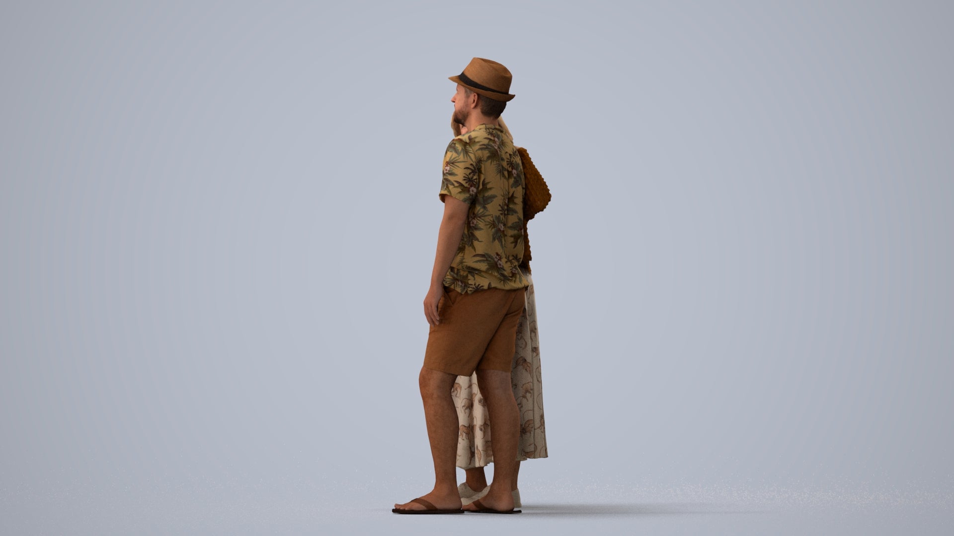 3D human model woman standing, photogrammetry scanned person for archviz, three-quarter view render