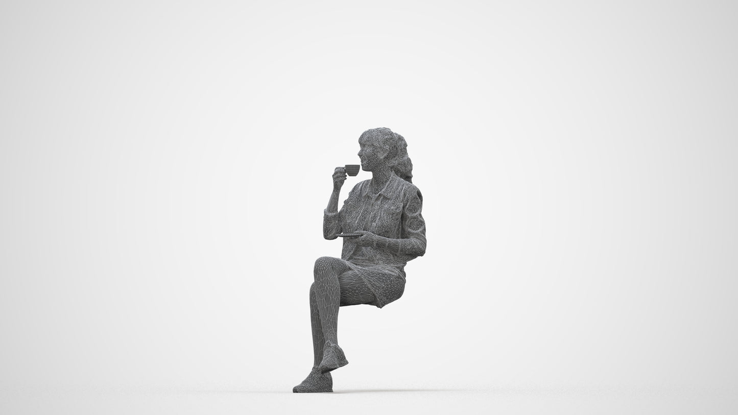 3D people model woman casual sitting, scanned human for 3ds Max rendering, wireframe back view