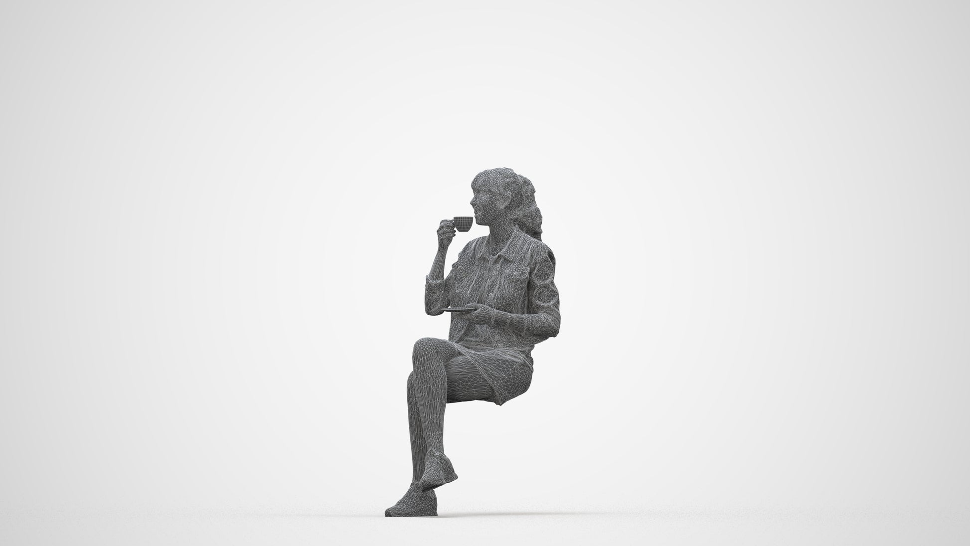 3D people model woman casual sitting, scanned human for 3ds Max rendering, wireframe back view