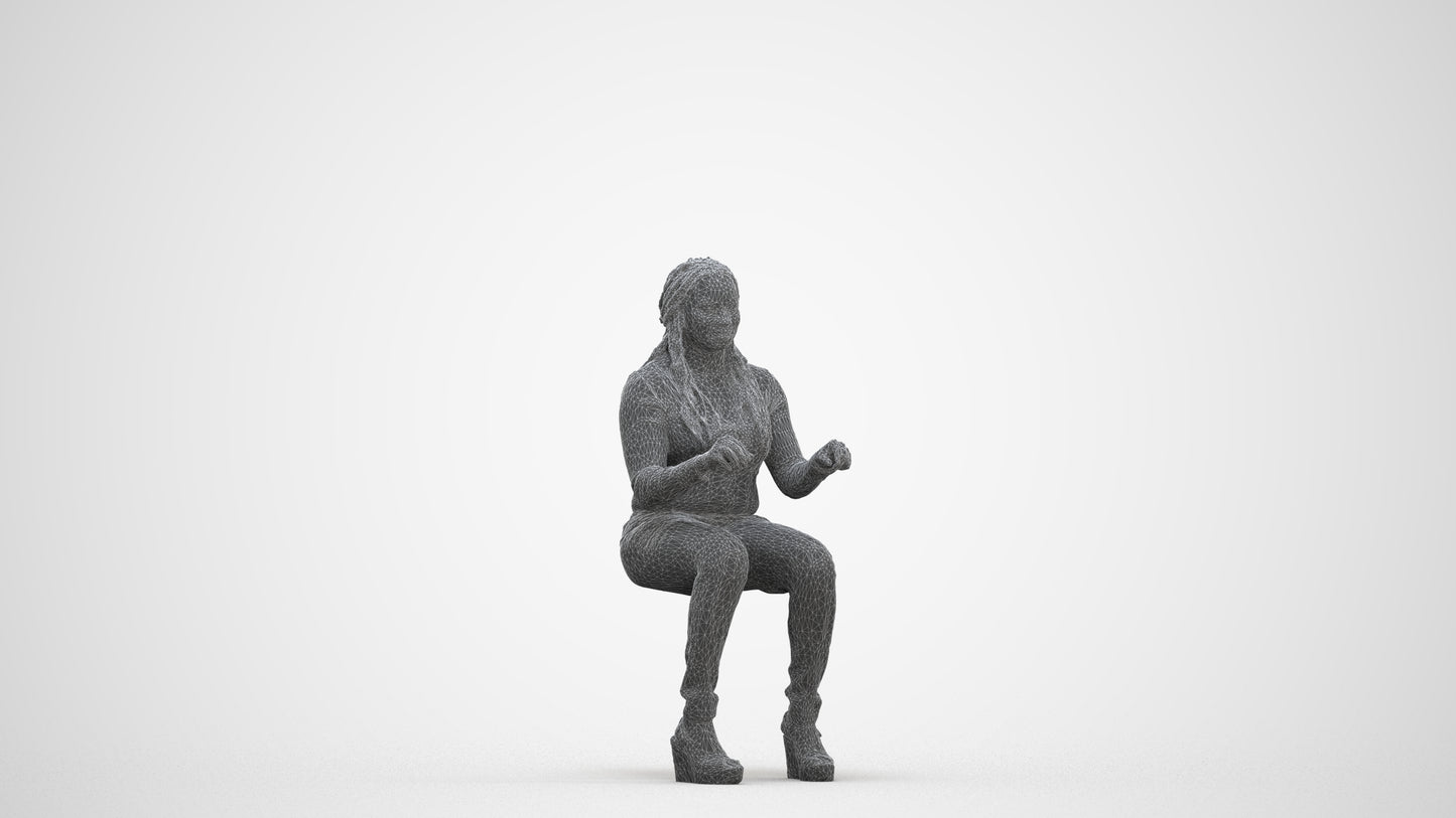 3D people model woman casual sitting, scanned human for 3ds Max rendering, three-quarter front view render