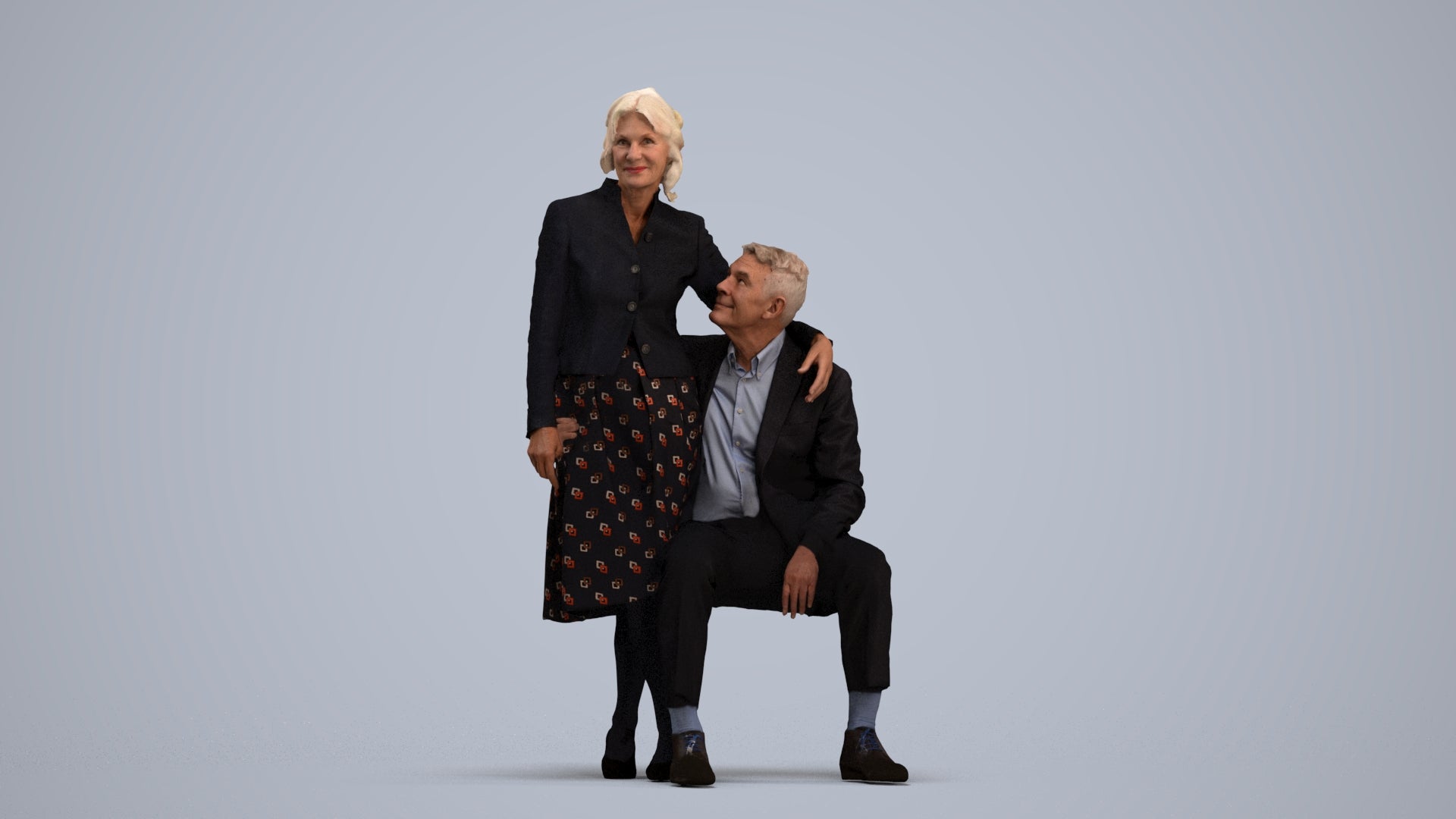 realistic 3D human senior woman formal couple, archviz people FBX OBJ for Blender, standing pose render