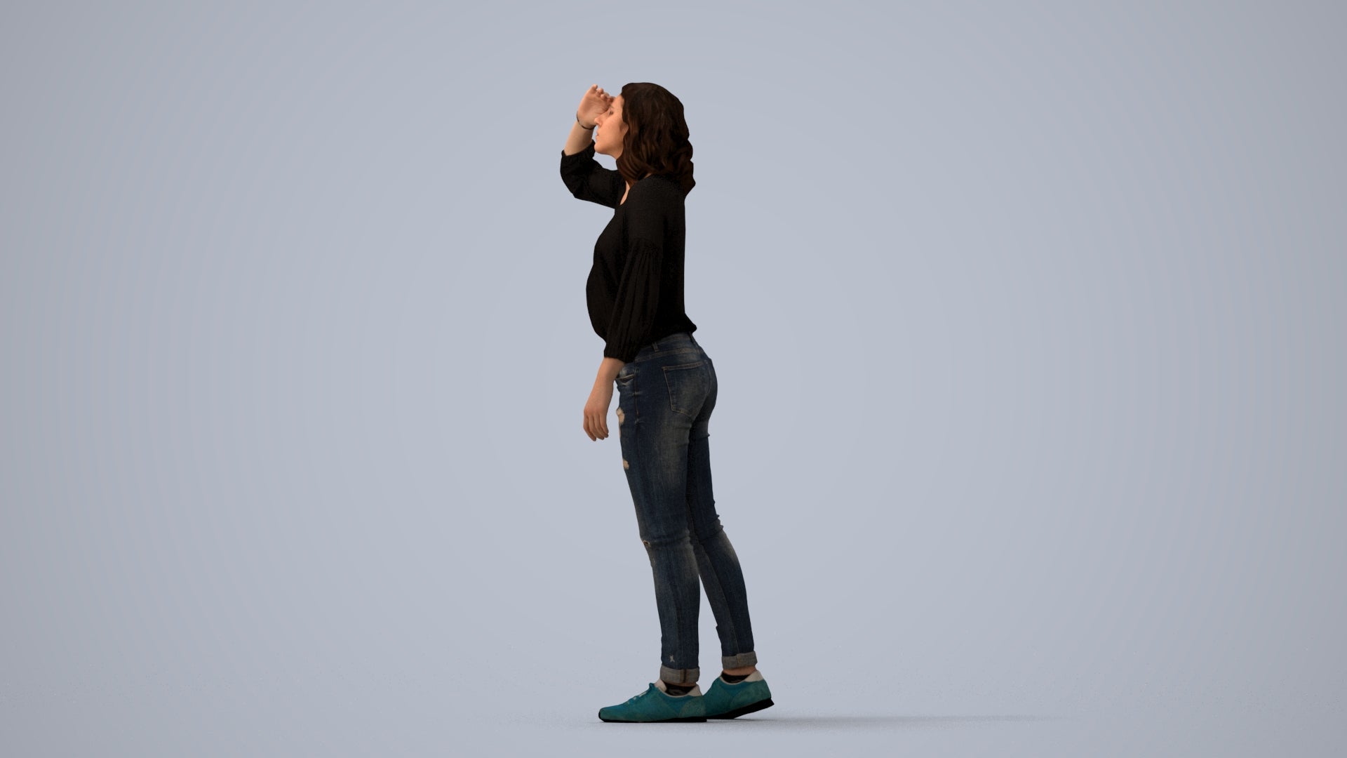 realistic 3D woman casual walking, scanned archviz people for Blender and 3ds Max, three-quarter view render