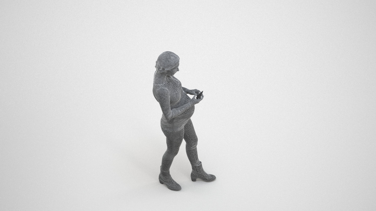 3D scanned woman standing casual, photorealistic archviz people for Enscape and SketchUp, wireframe three-quarter view