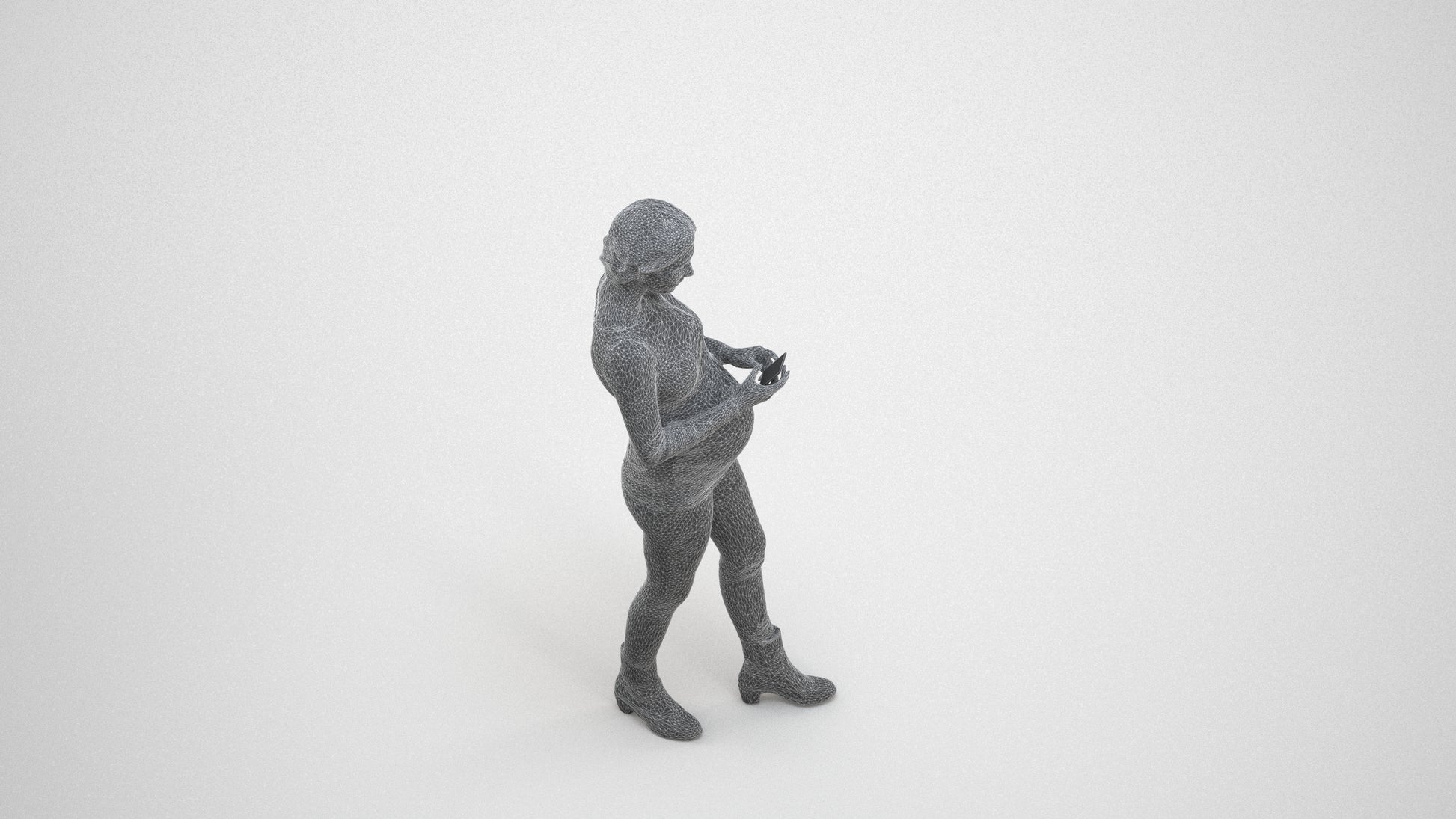 3D scanned woman standing casual, photorealistic archviz people for Enscape and SketchUp, wireframe three-quarter view
