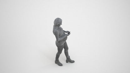 3D scanned woman standing casual, photorealistic archviz people for Enscape and SketchUp, wireframe three-quarter view