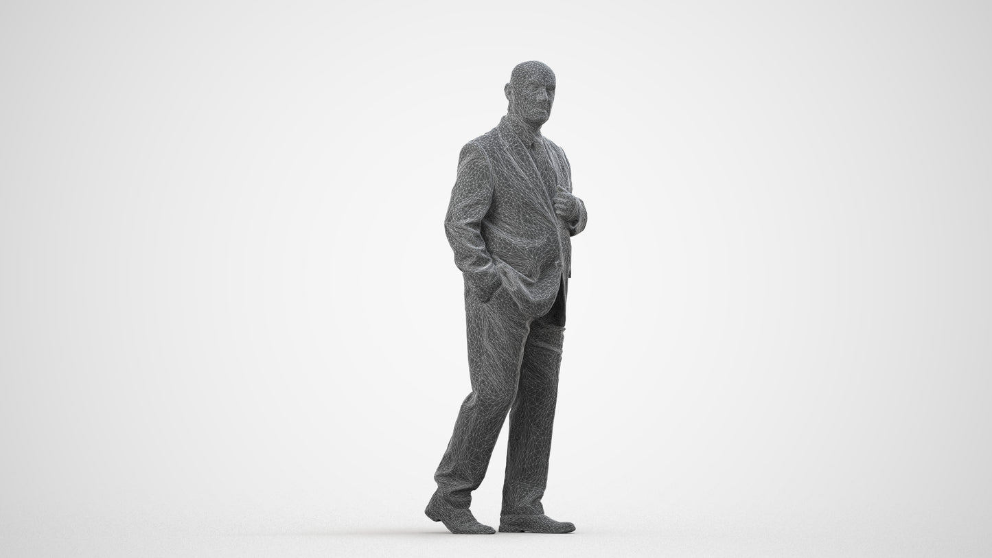scanned 3D senior man business, photogrammetry people for Enscape and V-Ray, wireframe side view