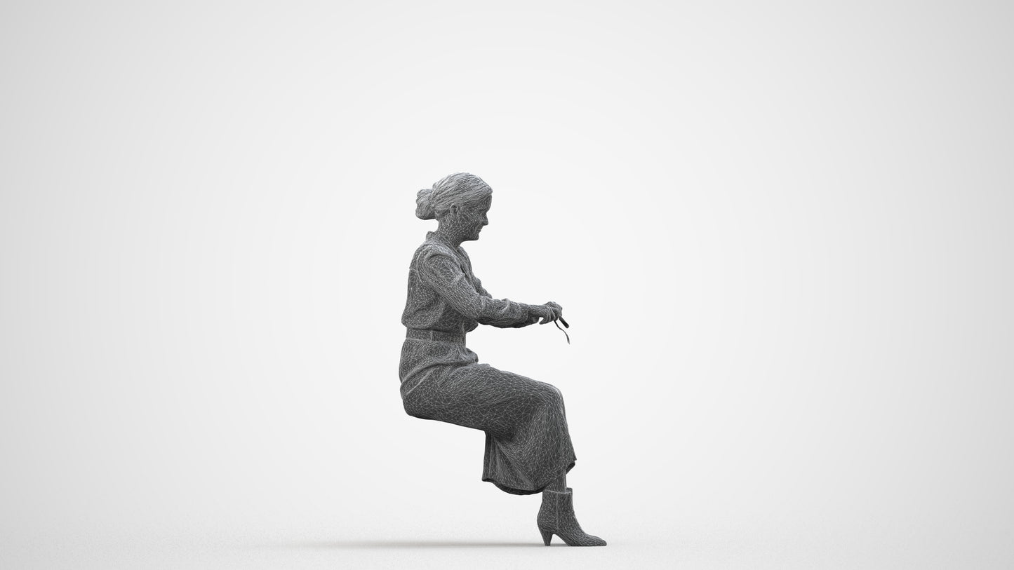 3D human model woman casual sitting, photogrammetry scanned person for archviz, wireframe side view