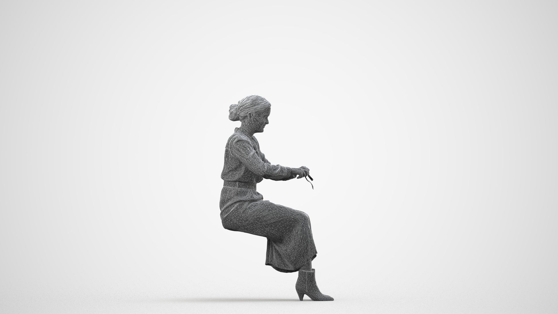 3D human model woman casual sitting, photogrammetry scanned person for archviz, wireframe side view