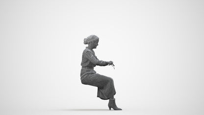 3D human model woman casual sitting, photogrammetry scanned person for archviz, wireframe side view