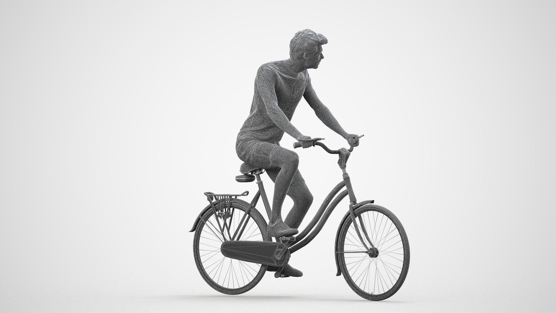 realistic 3D man casual cycling, scanned archviz people for Blender and 3ds Max, wireframe side view