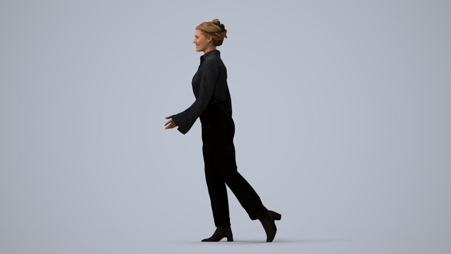 3D human model woman business walking, photogrammetry scanned person for archviz, three-quarter view render