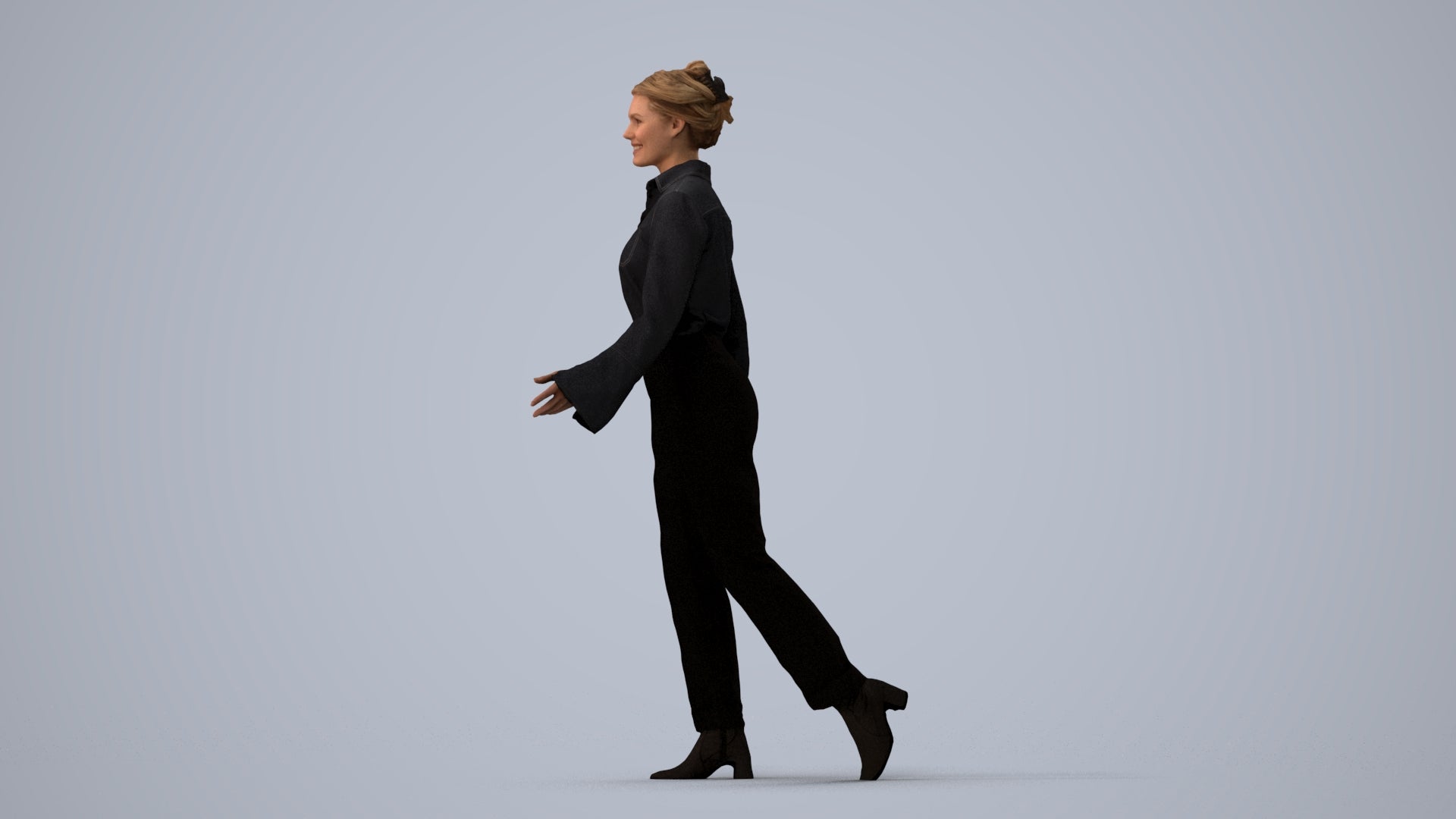 3D human model woman business walking, photogrammetry scanned person for archviz, three-quarter view render