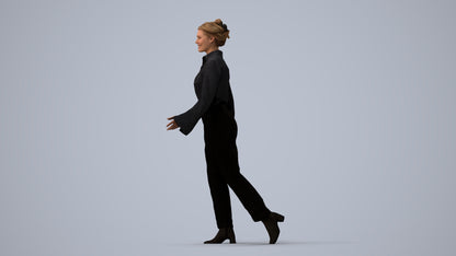 3D human model woman business walking, photogrammetry scanned person for archviz, three-quarter view render