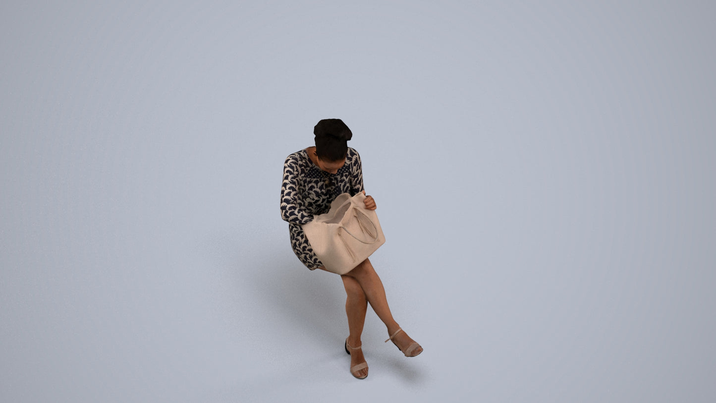 3D people model woman casual sitting, scanned human for 3ds Max rendering, back view render