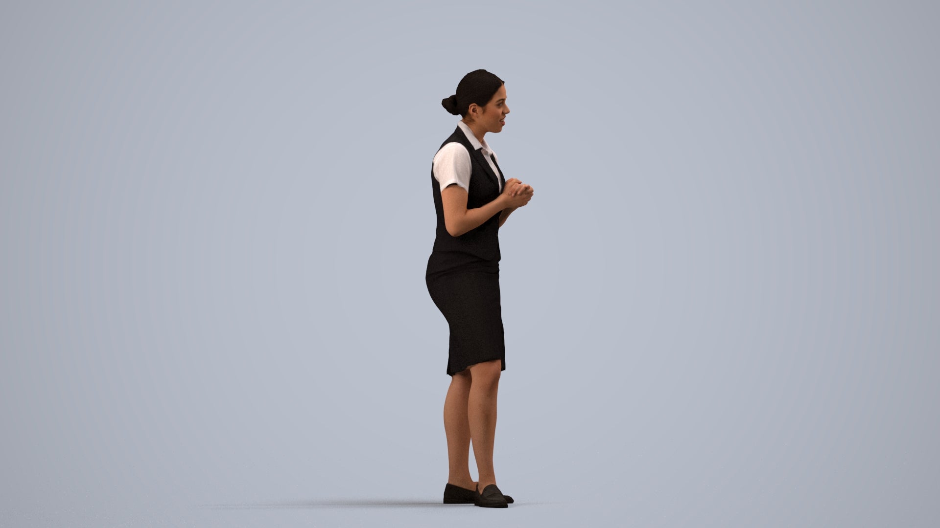 realistic 3D people woman hospitality, render-ready for V-Ray and Corona, FBX OBJ, side view render