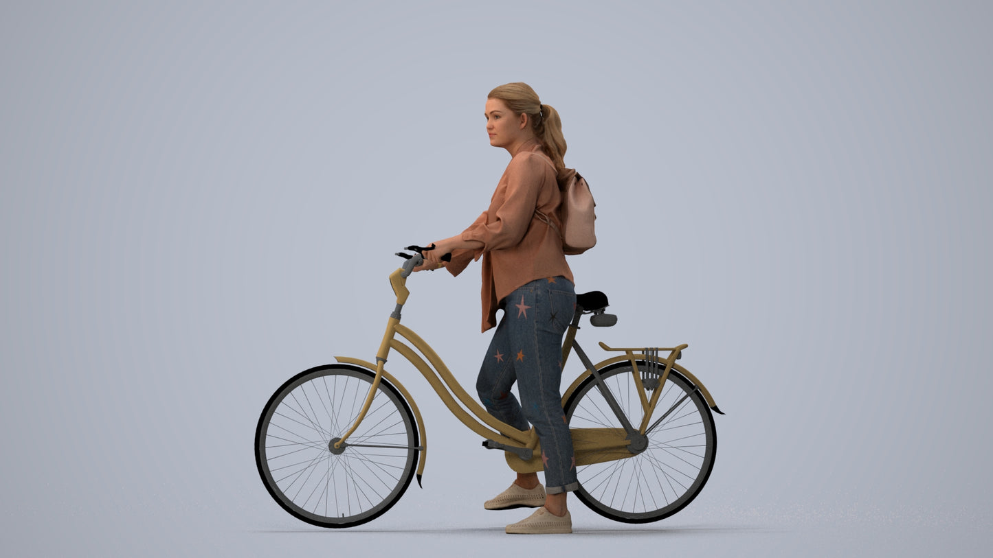 3D scanned woman cycling casual, photorealistic archviz people for Enscape and SketchUp, three-quarter view render