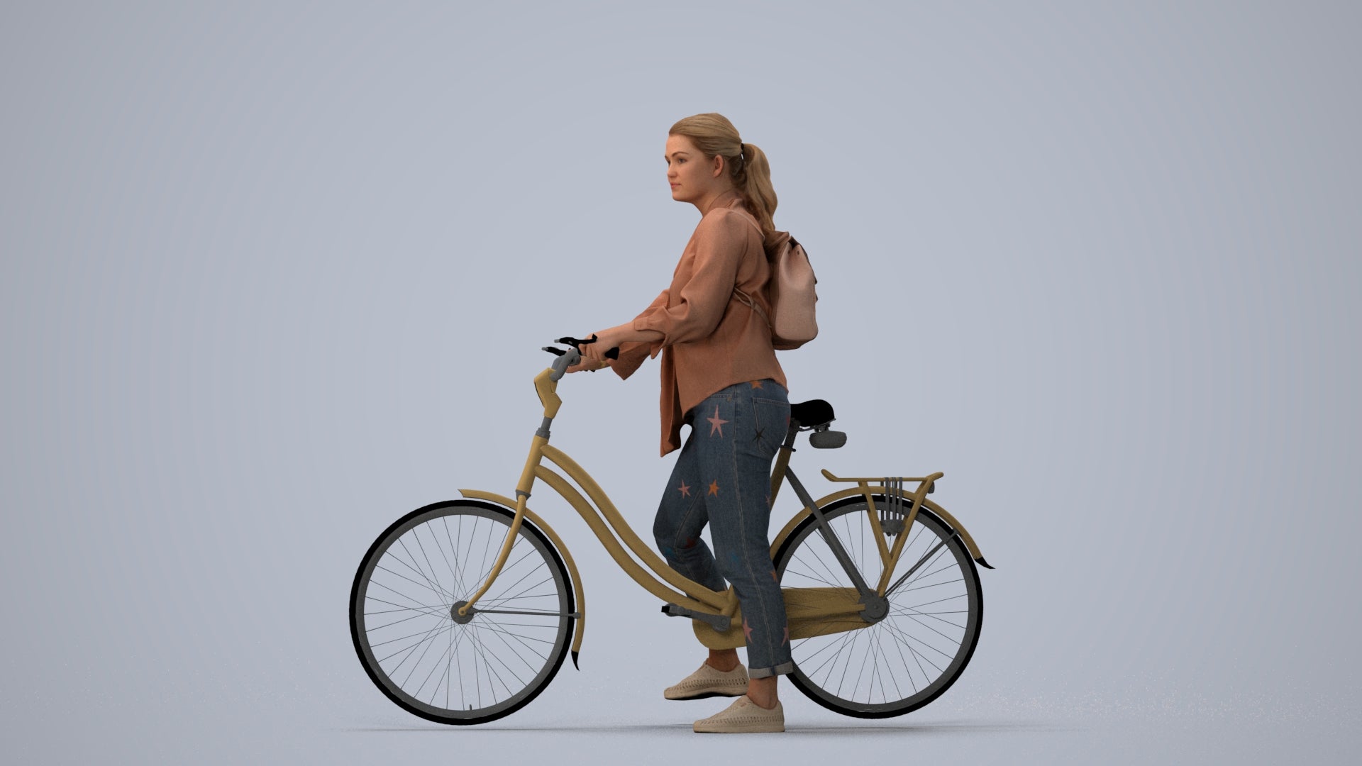 3D scanned woman cycling casual, photorealistic archviz people for Enscape and SketchUp, three-quarter view render