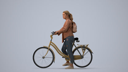 3D scanned woman cycling casual, photorealistic archviz people for Enscape and SketchUp, three-quarter view render