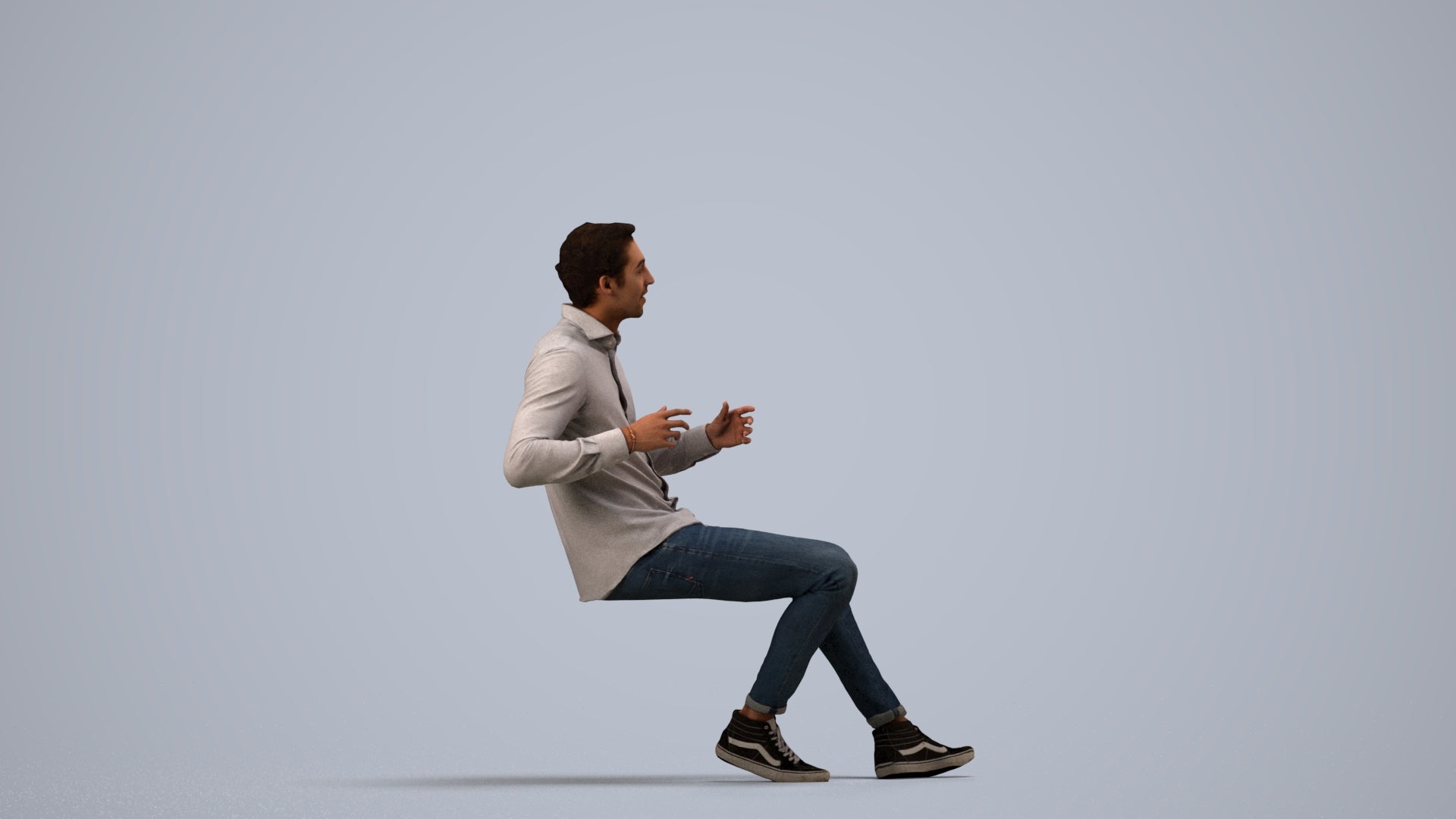 realistic 3D human man casual sitting, archviz people FBX OBJ for Blender, side view render
