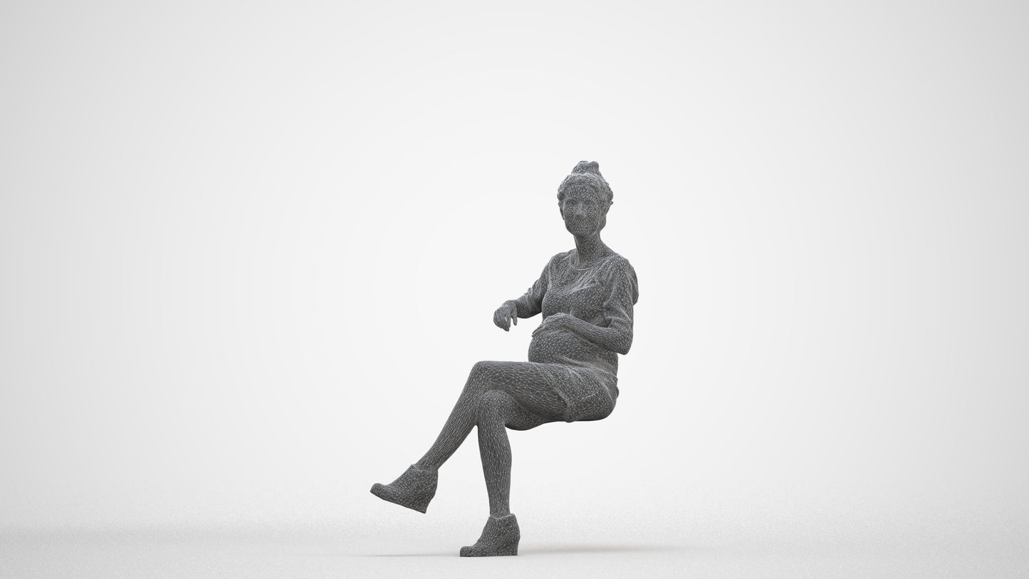 3D scanned woman sitting casual, photorealistic archviz people for Enscape and SketchUp, three-quarter front view render