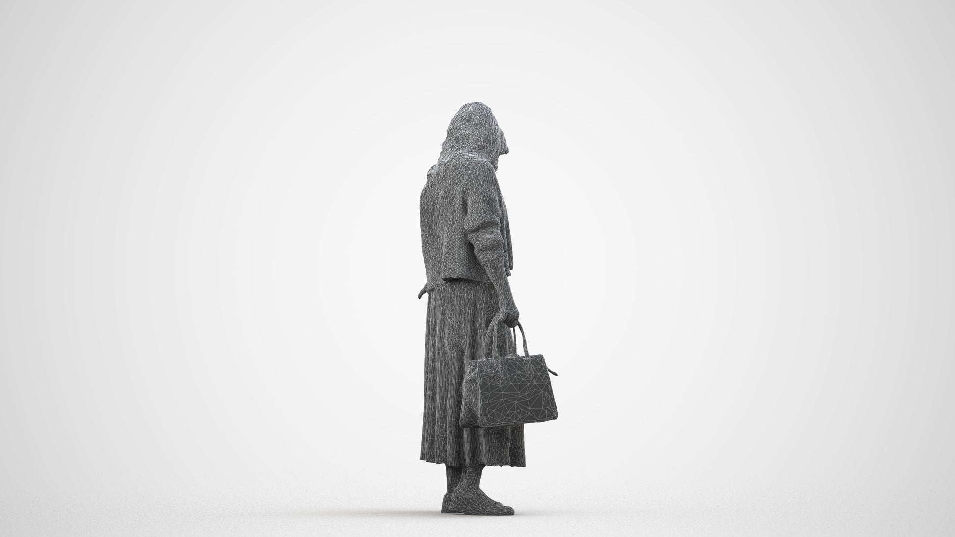 scanned 3D woman casual shopping, photogrammetry people for Enscape and V-Ray, wireframe side view