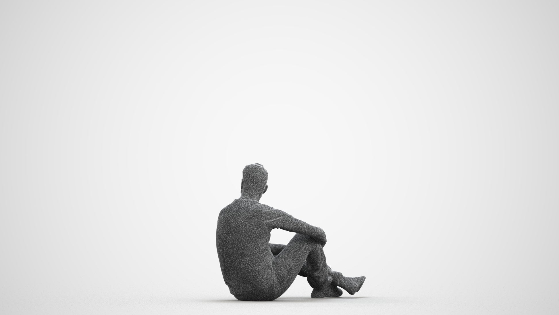 3D people model man casual sitting, scanned human for 3ds Max rendering, wireframe front view