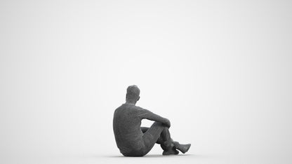 3D people model man casual sitting, scanned human for 3ds Max rendering, wireframe front view
