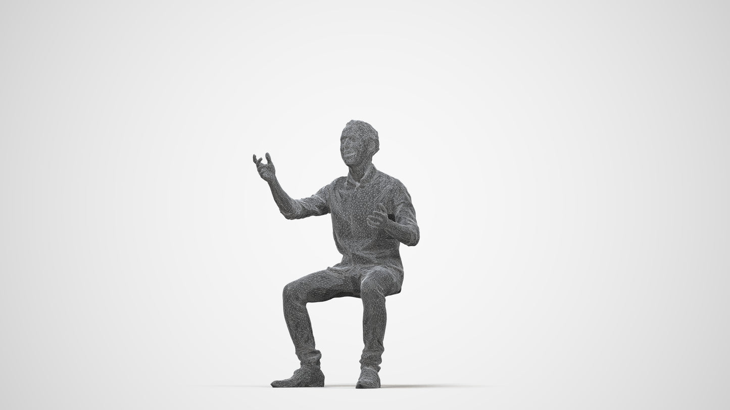 realistic 3D man casual sitting, scanned archviz people for Blender and 3ds Max, wireframe back view