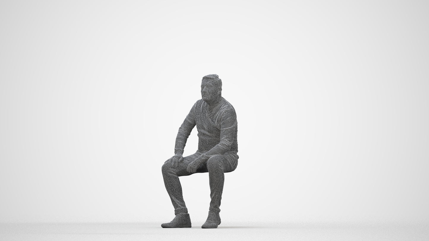 realistic 3D man casual sitting, scanned archviz people for Blender and 3ds Max, wireframe back view